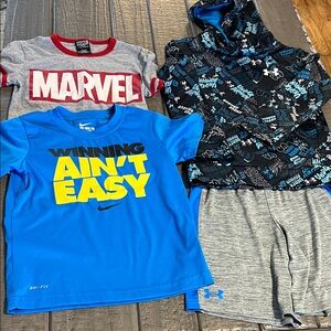 Boys size 7 Under Armour Hoodie, UA shorts, Nike shirt & Marvel